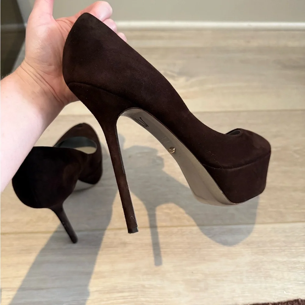 $845 SERGIO ROSSI Dark Chocolate Brown Suede Peep Toe Platform Heels Pumps 39.5 - Picture 8 of 14